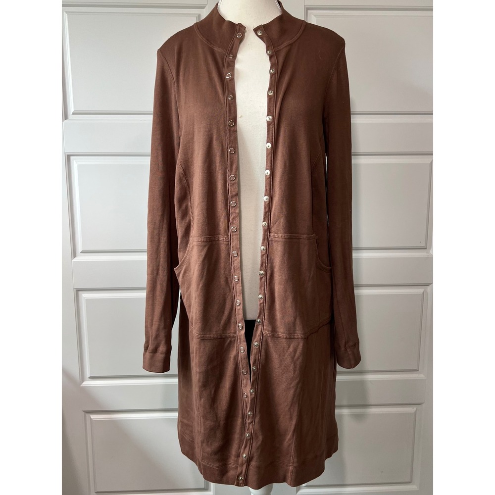Barbara Lesser Snap Front Duster‎ Cardigan Pockets Knit Brown Small